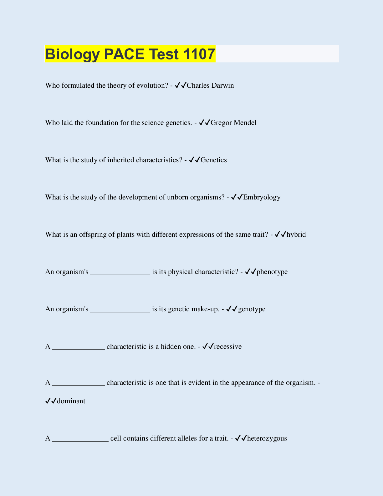 Preview image of Biology PACE Test 1107 document